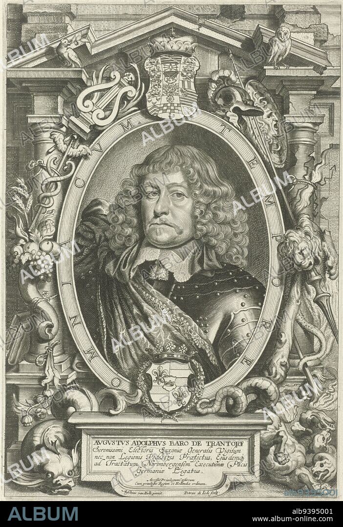 Portrait of August Adolf, Pieter de Jode (II), after Anselm van Hulle, 1628 - 1670, Bust portrait of August Adolf, Baron of Trantorf, in armor. The portrait is framed in an oval frame with the coat of arms of the person portrayed and an edge lettering in Latin. On the pediment a dove with an olive branch and an owl. Around the frame various decorations including attributes of Mercury, Apollo, Mars and Hercules. Print from a series of portraits after paintings by Anselmus van Hulle of all the delegates to the peace negotiations in Münster and Osnabrück., print maker: Pieter de Jode (II), (mentioned on object), after: Anselm van Hulle, (mentioned on object), Staten van Holland, (mentioned on object), Antwerp, 1628 - 1670, paper, etching, engraving, h 303 mm × w 206 mm.