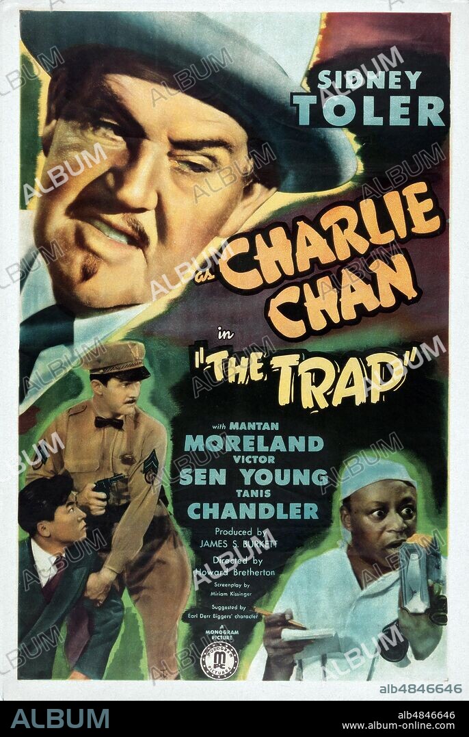 CINEMA 'Charlie Chan trapped' (The Trap) poster for the yellow film by Howard Bretherton (13 February 1890 - 12 April 1969), the twenty-second and last with Sidney Toler (28 April 1874 - 12 February 1947) in the role of the shrewd investigator Chinese designed by Earl Derr Biggers (24 August 1884 - 5 April 1933); among other interpreters Mantan Moreland as Birmingham Brown, Victor Sen Young the 'child number 2', Kirk Alyn, Tanis Chandler. United States of America, 1946.
