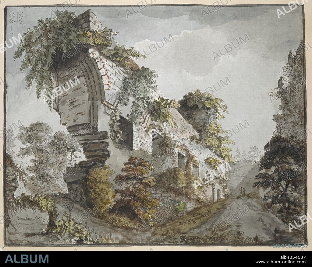 The ruins of Burnham Abbey; a broken arch covered in foliage in the centre; figures on a path to the right in the distance; trees throughout the scene. Burnham Abbey. [England] : [publisher not identified], Publish'd Sept [?] 1st 1788. Source: Maps K.Top.8.26.c. Language: English.