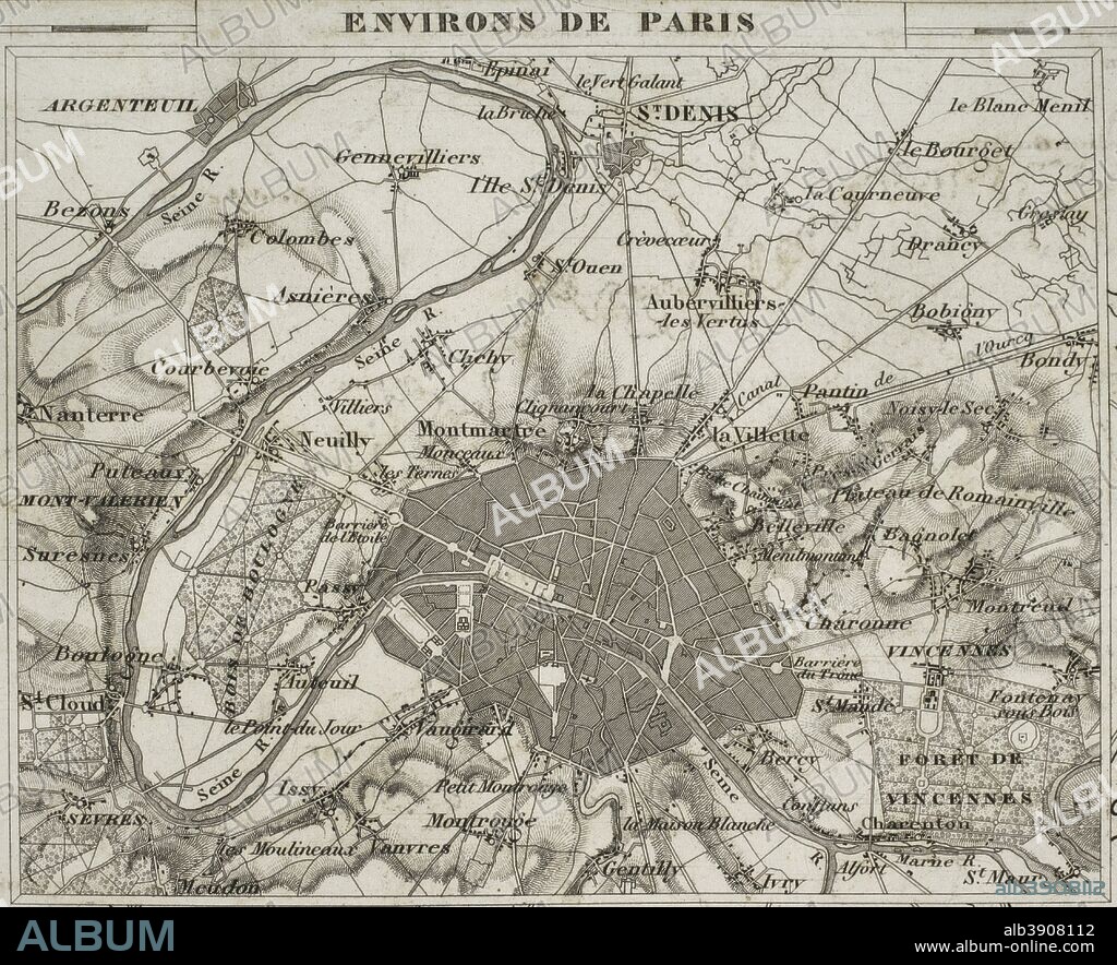 Plano de los alrededores de la ciudad de París, Francia. Historia del Consulado y del Imperio de Napoleón (Atlas de l'Histoire du Consulat et de l'Empire). Obra de Marie Joseph Louis Adolphe Thiers (1797-1877). Dibujos realizados por Dufour y grabados por Dyonnet. Editado en París, 1864. Biblioteca Histórico Militar de Barcelona. Cataluña, España.