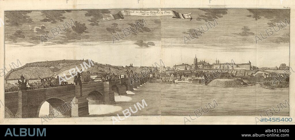 Prospect of the Mulden Bridge to Prague and the city, Charles Bridge in Prague (Czech Republic), Fig. 14, no. 19a, after p. 96, Breitkopf, Bernhard Christoph (ed.), 1735, Carl Christian Schramm: Historischer Schauplatz in welchem die merkwürdigsten Brücken aus allen Theilen der Welt, insonderheit aber die in den vollkommensten Stand versetzte Dresdner Elb-Brücke, in saubern Prospecten, Münzen und andern Kupferstichen, vorgestellet und beschrieben werden. Leipzig: Bey Bernhard Christoph Breitkopf, 1735.