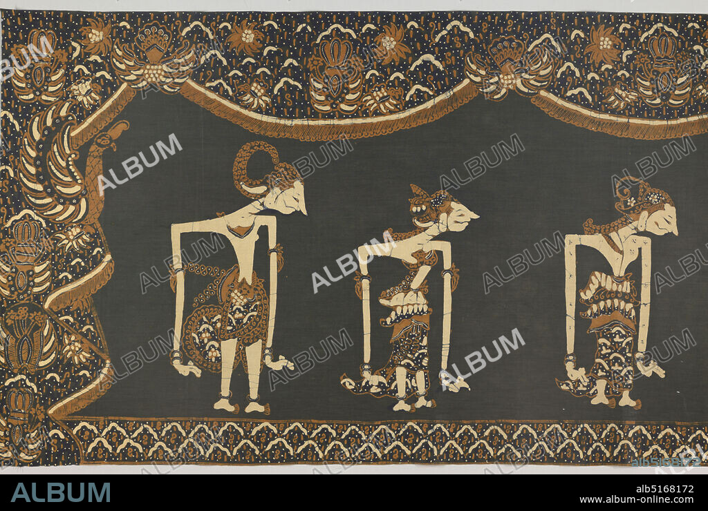 Panel, Medium: cotton Technique: wax resist dyeing (batik) on plain weave, Oblong cotton panel in black, dark blue, cream-white, and light brown. Shows six 'wayang' puppets, moving toward center shrine, bearing Rama, a god-like figure. Outer border shows 'ship of the dead' design and 'lar' (wing of Garuda, the mount of Vishnu) motif., Indonesia, 19th century, printed, dyed & painted textiles, Panel.