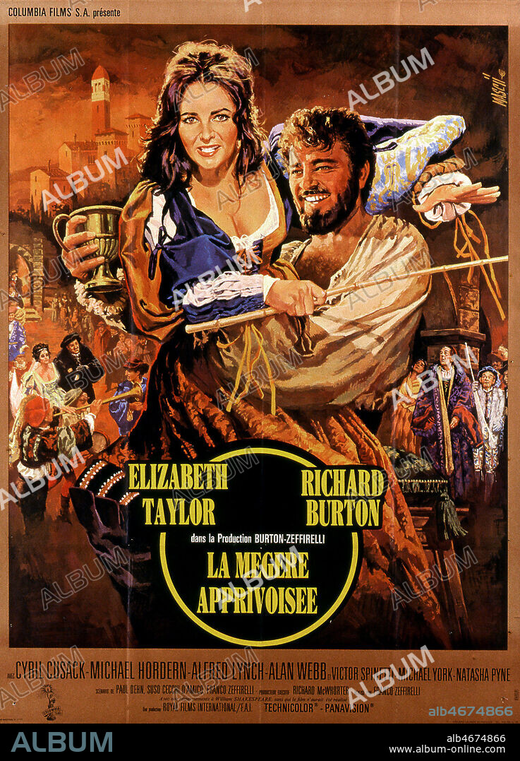 Affiche du film 'La megere apprivoisee' realise en 1934 par Franco ZEFFIRELLI (NE 1923) d'apres William SHAKESPEARE (1564-1616) avec Elisabeth TAYLOR (nee en 1932) et Richard BURTON (1925-1984). Illustration de Credit : Coll. Perron/KHARBINE-TAPABOR.
