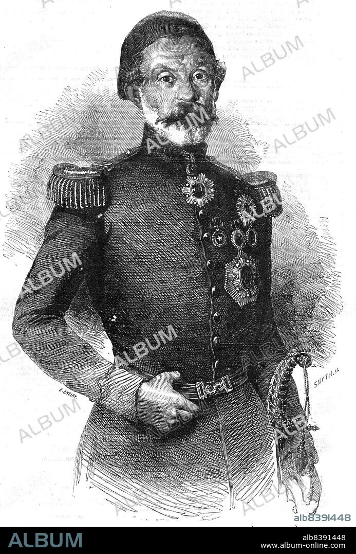SMYTH. Omer Pacha - from a photograph by Mr. Robertson, of Constantinople, 1854. 'The portrait realises the most striking characteristics of the physiognomy of Omer Pacha...He wears a fez cap, which shows to advantage the clear, well-marked lines of his calm and resolute face, embrowned by exposure to wind and weather for many a year of a soldier's life...contrasted with his snow-white whiskers and beard. In the rude mouth, with compressed thick lips, is traceable enormous firmness and resolution. The chin, full and square, evinces the same qualities, which may also be discerned in the general form of the head. All the rougher features, he coarse nose, and the slight prominence of the cheek bones, are more than redeemed by the quick, penetrating, and expressive eye, full of quiet courage and genius, and by the calm though rather stubborn brow...rising above the thick shaggy eyebrow'. From "Illustrated London News", 1854.