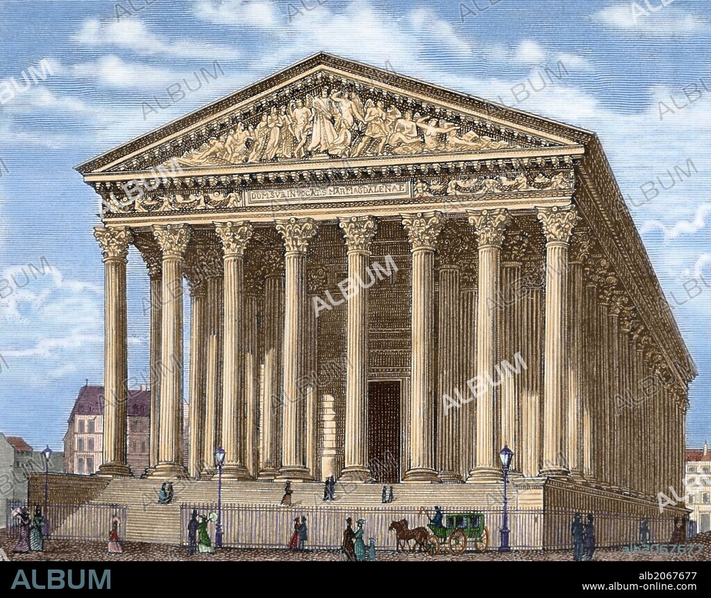 LA MADELEINE. Iglesia dedicada a Santa María Magdalena. Proyectada por Vignon en 1806 por encargo de Napoleón, quien quería construir un templo en honor a los Soldados del Gran Ejército. En 1814 el edificio fue destinado a Iglesia. París. Francia. Grabado coloreado del siglo XIX.