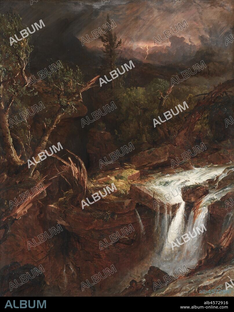 The Clove - A Storm Scene in the Catskill Mountains, 1851. In this dramatic portrayal of the American wilderness, wind and rain ravage the landscape as lightning flashes in the distance. Cropsey's dark colours and roughly handled paint create an ominous tone which emphasizes the overwhelming power of the storm. At the right, an Indian hunter crouches beside a tree and watches helplessly as the stag he just shot tumbles over the waterfall, reinforcing the theme of nature's superiority over man. The artist was a devout follower of Hudson River School founder Thomas Cole, whose poem "Storm in the Catskills" is believed to have inspired this painting. While often criticized for copying Cole's style, Cropsey chose to render a close-up view of this scene, a departure from Cole's more distant, romantic vistas. Cropsey's familiarity with Frederic Church's landscapes is also evident here; notice the similarity between the splintered tree in the foreground and Church's Storm in the Mountains (1969.52; also in this gallery).