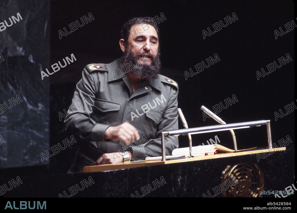 Cuban Leader Fidel Castro, Half-Length Portrait, speaking before General Assembly, United Nations, New York City, New York, USA, October 13, 1979.