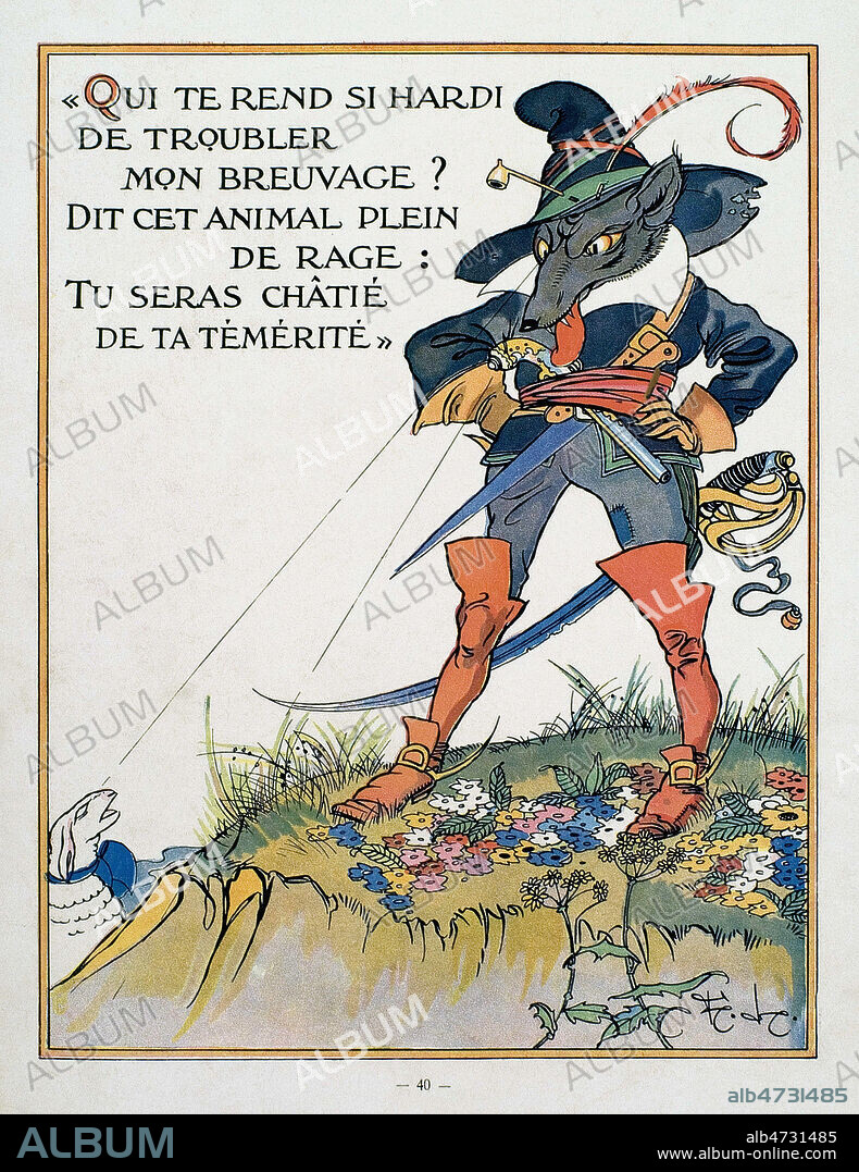 Qui te rend si hardi de troubler mon breuvage ? dit cet animal plein de rage : tu seras chatie de ta temerite. Illustration de 1929 par Felix LORIOUX (1872-1964) pour Le loup et l'agneau tire de Fables de Jean de LA FONTAINE (1621-1695). ADAGP. Credit : Coll. Jonas/KHARBINE-TAPABOR.