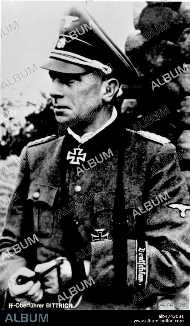 Portrait de Wilhelm BITTRICH. Colonel general de brigade, membre de la Waffen SS. En janvier 1948, BITTRICH est livre aux autorites militaires francaises qui l'ont condamne pour des crimes de guerre en France. Photographie anonyme de 1944 en Allemagne. Credit : Jewish Memories / Kharbine-Tapabor.