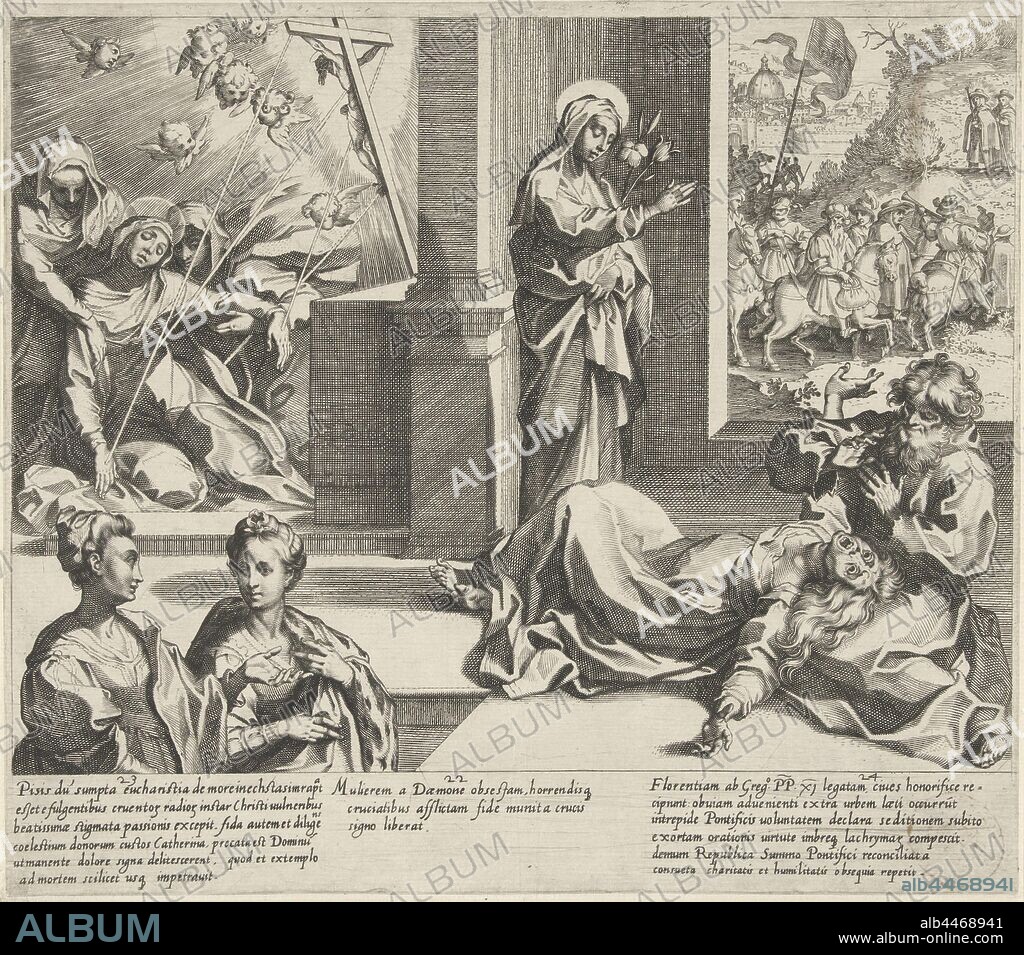 Catharina receives the stigmata of Christ / Catharina redeems a possessed person from her demons / Pope Gregory XI returns to Italy Scè nes from the life and wonders of Saint Catherine of Siena (series title) Vita mors gesta, et miracula quaedam selecta B. CATHERINAE SENENSIS (...) (series title), From left to right: Catharina succumbs in the arms of two sisters after receiving the stigmata from Christ. Lines run from the body of Christ on a crucifix to the wounds of Catherine ., A possessed woman is writhing on the floor. Her husband tries to keep her under control. Catharina redeems the woman with a blessing gesture from her demons ., Pope Gregory XI returns with his retinue to the papal court in Italy and meets St. Catherine and another Domenicanes along the way. In the margin an explanation of the performances in Latin. Ninth prints from a series of twelve with the life and wonders of Saint Catherine of Siena., The virgin and Dominican Tertiary, Catherine of Siena, possible attributes: book, cross, crown of thorns, crucifix, demon under foot, heart (with cross), lily, plague-stricken, ring, rosary, stigmata, St. Catherine of Siena, kneeling before a crucifix, or swooning into the arms of two nuns, receives the stigmata, miraculous healings of St. Catherine of Siena, pope Gregory XI returns from Avignon to Rome after a visit from St. Catherine of Siena, Gregorius XI, Pieter de Jode (I), Italy, 1597, paper, engraving, h 252 mm × w 286 mm.