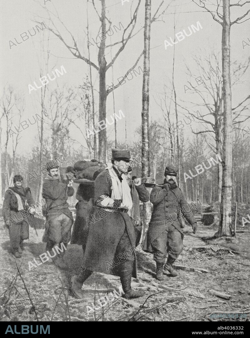 The body of Bruno Garibaldi (1889-1914), Italian Captain, Giuseppe Garibaldi's (1807-1882) grandson, is carried upon a stretcher after his death on the battlefield against the Germans, Ardennes, France, First World War, photograph from the magazine L'Illustration, year 73, no 3756, February 27, 1915.