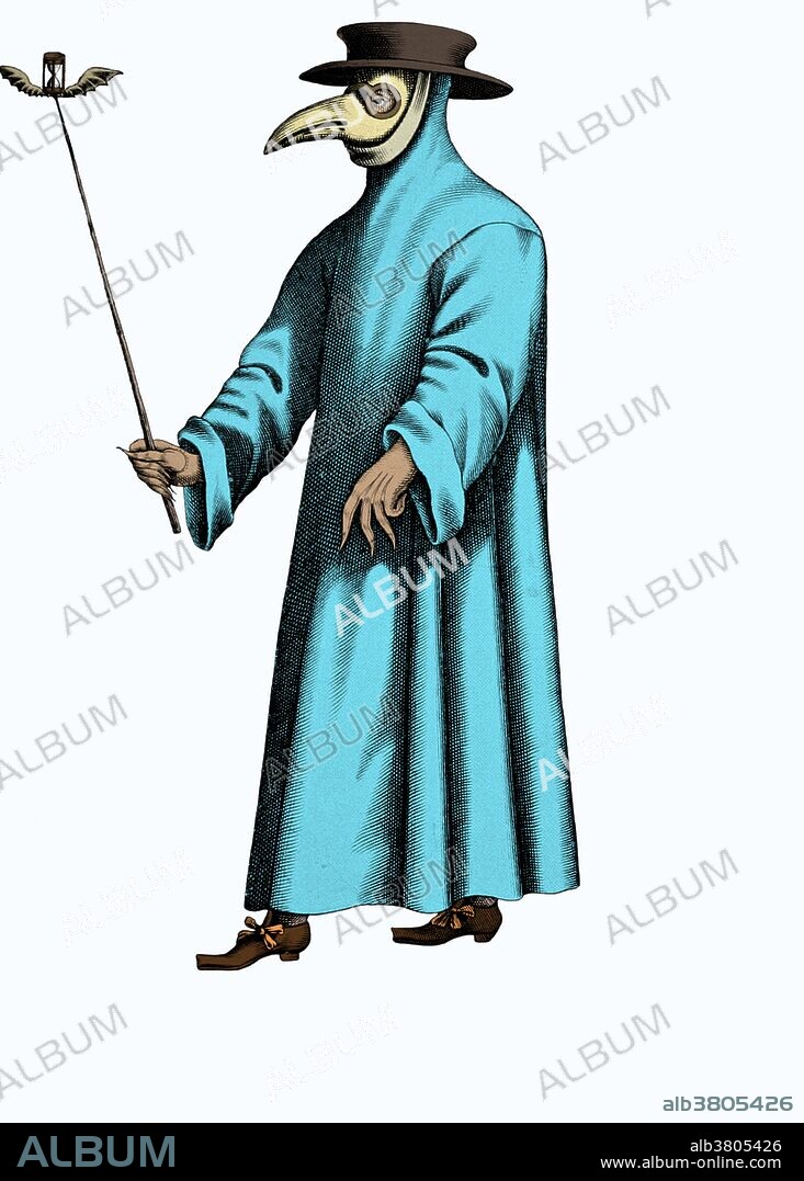 Paulus Furst's 1656 engraving of Dr. Schnabel ("Beak") of Rome wearing protective clothing typical of the plague doctors of Rome at the time. The mask had glass openings for the eyes and a curved beak shaped like that of a bird. Straps held the beak in front of the doctor's nose. The mask had two small nose holes and was a type of respirator which contained aromatic items. The beak could hold dried flowers, herbs, spices, camphor or a vinegar sponge. The purpose of the mask was to keep away bad smells, which were thought to be the principal cause of the disease in the miasma theory of infection, before it was disproved by germ theory. Doctors believed the herbs would counter the smells of the plague and prevent them from becoming infected. The beak doctor costume worn by plague doctors had a wide brimmed leather hood to indicate their profession. They used wooden canes to point out areas needing attention and to examine patients without touching them. The canes were also used to keep people away, to remove clothing from plague victims without having to touch them, and to take a patient's pulse.