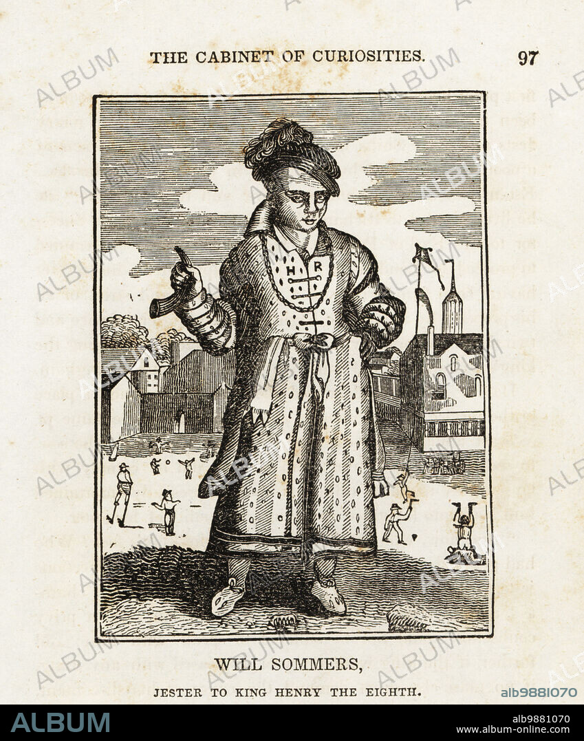 William Sommers, jester to King Henry VIII. Fool or buffoon, died 1560. In feather cap, tunic robe with HR (Henry Rex), holding a horn. Woodcut after an engraving by Francis Delaram from The Cabinet of Curiosities, or Wonders of the World Displayed, Henry Piercy, New York, 1836.