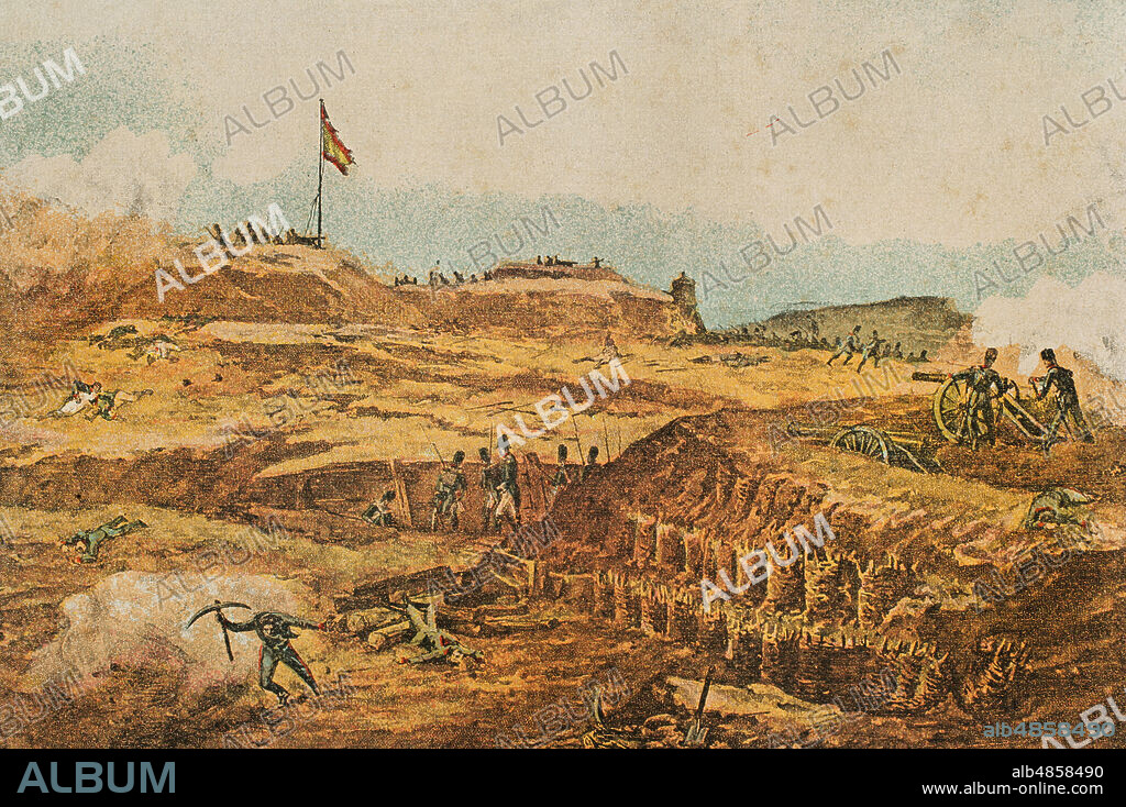 Guerra de la Independencia Española (1808-1814). Tercer sitio de Gerona (6 de mayo al 12 de diciembre de 1809). La ciudad se mantuvo asediada durante siete meses bajo el mando del general Alvarez de Castro. El 12 de diciembre de 1809 capituló. Heroica defensa del castillo de Montjuich. Cromolitografía. El grito de independencia, por Carlos Mendoza. Publicado en Barcelona, 1890.