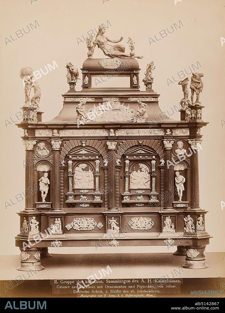 Josef Löwy, cabinet in ebony with ornaments and figurines, of silver. German work, 2nd half of the 16th century, albumin paper, black and white positive process, image size: height: 28.5 cm; width: 21.5 cm, inscribed: recto u.: einbelichtet: II. group of the kunsthist. Collections of the A. H. Kaiserhaus, Cabinet of ebony with ornaments and figurines, of silver, German work, 2nd half of the 16th century, Photography by J. Löwy, k. k. Hofphotograph, Vienna, photography, cabinet, sculpture, sculpture, sculpture art, handicraft, arts and crafts, industrial design, museum.