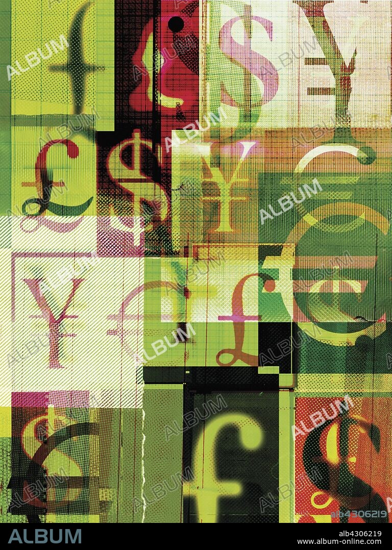 Collage of foreign currency symbols.