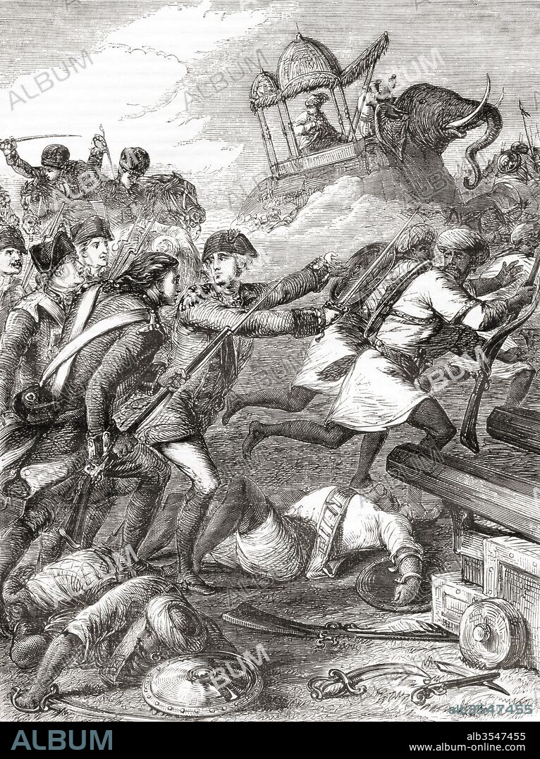 The defeat of Hyder Ali by Sir Eyre Coote during The Second Anglo–Mysore War in 1781. Lieutenant-General Sir Eyre Coote, 1726 – 1783. British soldier. Hyder Ali Khan aka Hyder Ali Sahib, c. 1720 – 1782. Sultan and de facto ruler of the Kingdom of Mysore in southern India. From Cassell's Illustrated History of England, published 1861.