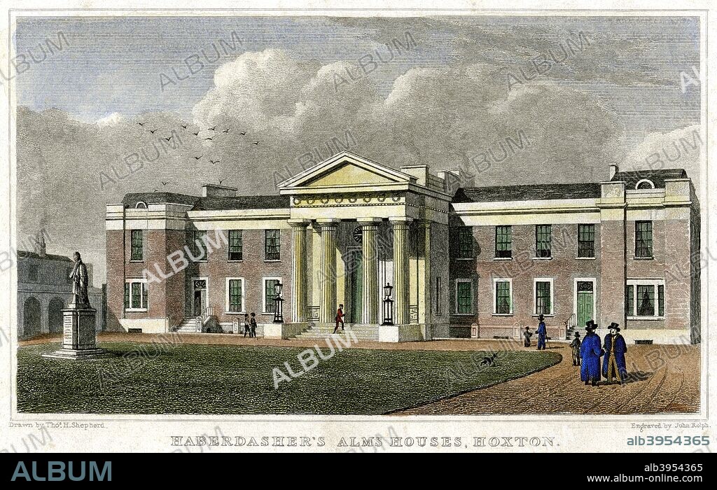 Haberdasher's Alms Houses, Hoxton, Hackney, London, 1828. The almshouses were built with money bequeathed to the Haberdashers' Company by Robert Aske, a merchant who died in 1689.