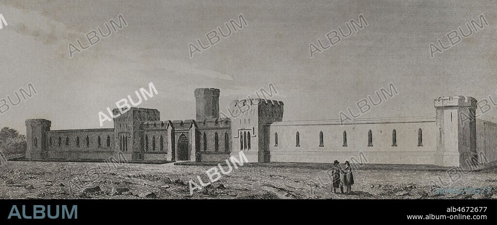 United States, Pennsylvania, Philadelphia. The State Penitentiary. It was built between 1823-1836 after the designs of the architect John Haviland (1792-1852) and opened in an unfinished state in 1829. Engraving by Traversier. Panorama Universal. History of the United States of America, from 1st edition of Jean B.G. Roux de Rochelle's Etats-Unis d'AmŽrique in 1837. Spanish edition, printed in Barcelona, 1850.