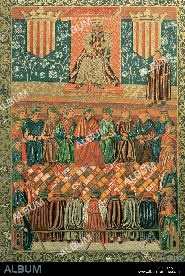 JAIME I "El Conquistador" (Montpellier, 1208Valencia, 1276). Conde de Barcelona y rey de Aragón (1213-76), de Valencia (1239-76) y de Mallorca (1229-76). Miniatura del incunable "CONSTITUCIONS I ALTRES DRETS DE CATALUNYA" (1495). "JAIME I PRESIDIENDO LAS CORTES DE LLEIDA EN MARZO DEL AÑO 1242". A su derecha, el protonotario y delante, representantes de los tres brazos. Archivo de la Corona de Aragón. Barcelona. Cataluña.