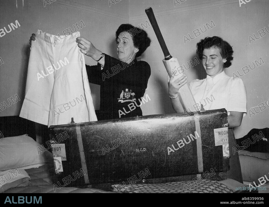 Trying their new bats in the hotel room are (left to right) Molly Dive, Captain, Mavis Jones, fast bowler, Val Batty, all rounder, and Gladys Phillips, wicket keeper, holding bat.The Australian women's cricket team arrived in England today. They are to play their first match against Kent at Sevenoaks next Saturday. After that they will play Test matches at Scarborough, Worcester and at the oval. Moan while they limber up at Lords this week. May 5, 1951. (Photo by Daily Mirror).