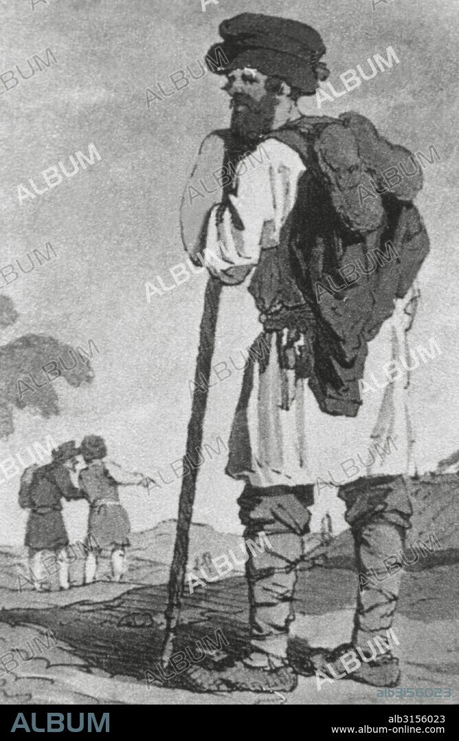 Czarist Russia. Russian peasant wearing summer clothes. Wide hat, white robe covering wide trousers, and rags fastened with ropes around the legs . Drawing of the 17th century.