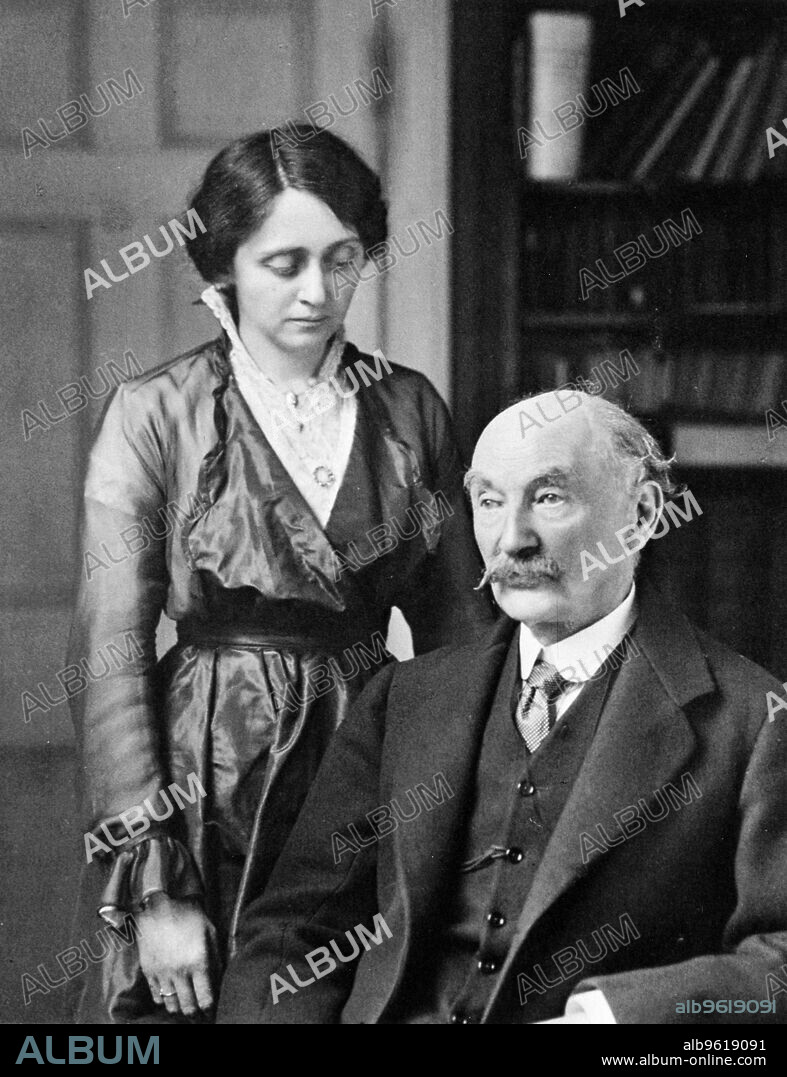 Thomas Hardy, English poet, novelist and dramatist with his second wife, Florence, 1912-1928. Hardy (1840-1928) is regarded as one of the greatest of British novelists. His books, set in the fictional county of Wessex, based on Dorset, powerfully evoke the atmosphere of everyday life in rural England before the coming of the railways. Credit: Dorset County Museum.