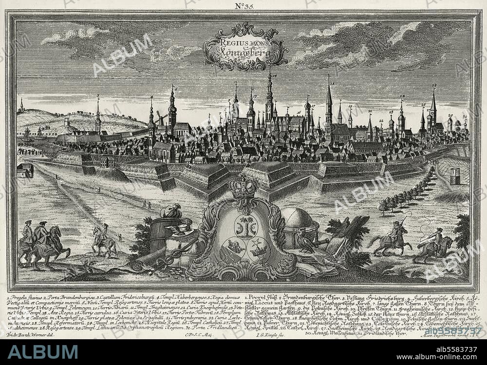 FRIEDRICH BERNHARD WERNER and JOHANN GEORG RINGLIN. Königsberg (East Prussia). "REGIUS MONS / Königsberg". (Town view). Copper engraving, ca. 1740, by Johann Georg Ringlin (1691-1761) after a drawing by Friedrich Bernard Werner. (1690-1778). Augsburg (Martin Engelbrecht) undated, coloured at later date.