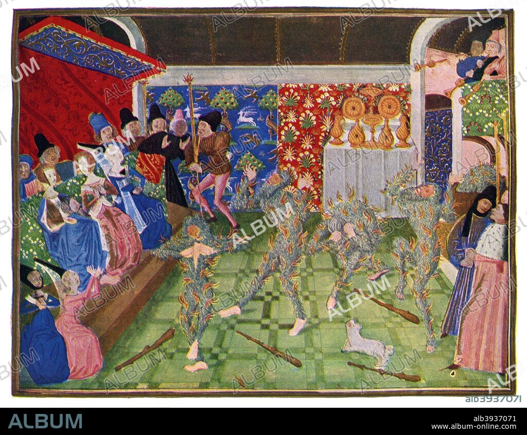 Masquerade at the French court, (Dance of the Wodehouses), 1393, (1470-1475). Masquerade at the court of King Charles VI of France, accompanied by live music from musicians in the upper right corner. On the right are coats of arms with the fleur-de-lis, and stylised floral decoration. In 1393, Isabeau de Baviere organised a celebration of the marriage of one of her ladies-in-waiting. Her husband Charles VI and others dressed up as wild men in costumes of cloth soaked in resinous wax or pitch covered with hemp so that they appeared shaggy and hairy from head to foot. Despite a ban on torches in the room, the king's brother, Louis of Valois, approached with a lighted torch and one of the dancers caught fire, causing panic. The Duchesse de Berry hid the king under her dress and saved his life. Four of the others died. This incident became known as the Bal des Ardents (the 'Ball of the Burning Men'). Miniature colour print from The Chronicler of European Chivalry by GG Coulton, (London, 1930).