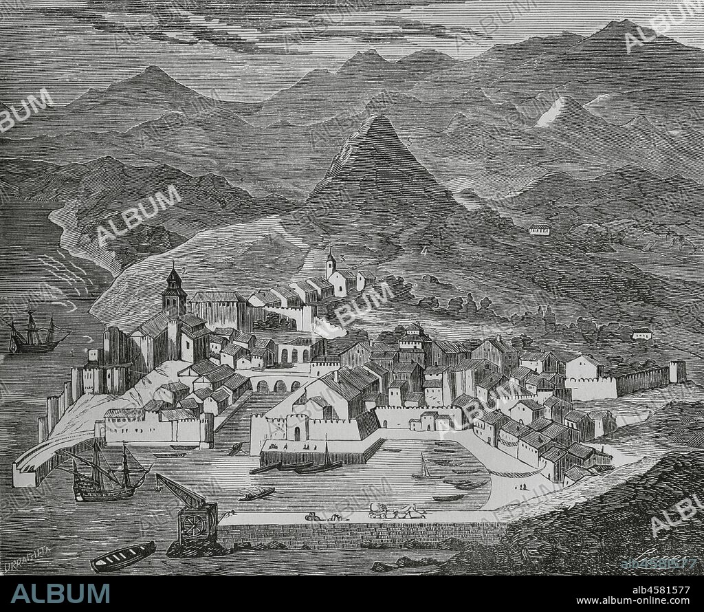 España. Ciudad de Santander en el siglo XVI (Edad Moderna). Dibujo por Urrabieta. Grabado por Sierra. Crónica General de España, Historia Ilustrada y Descriptiva de sus Provincias. Castilla-La Vieja,1870. Biblioteca Histórico Militar de Barcelona, Cataluña, España.