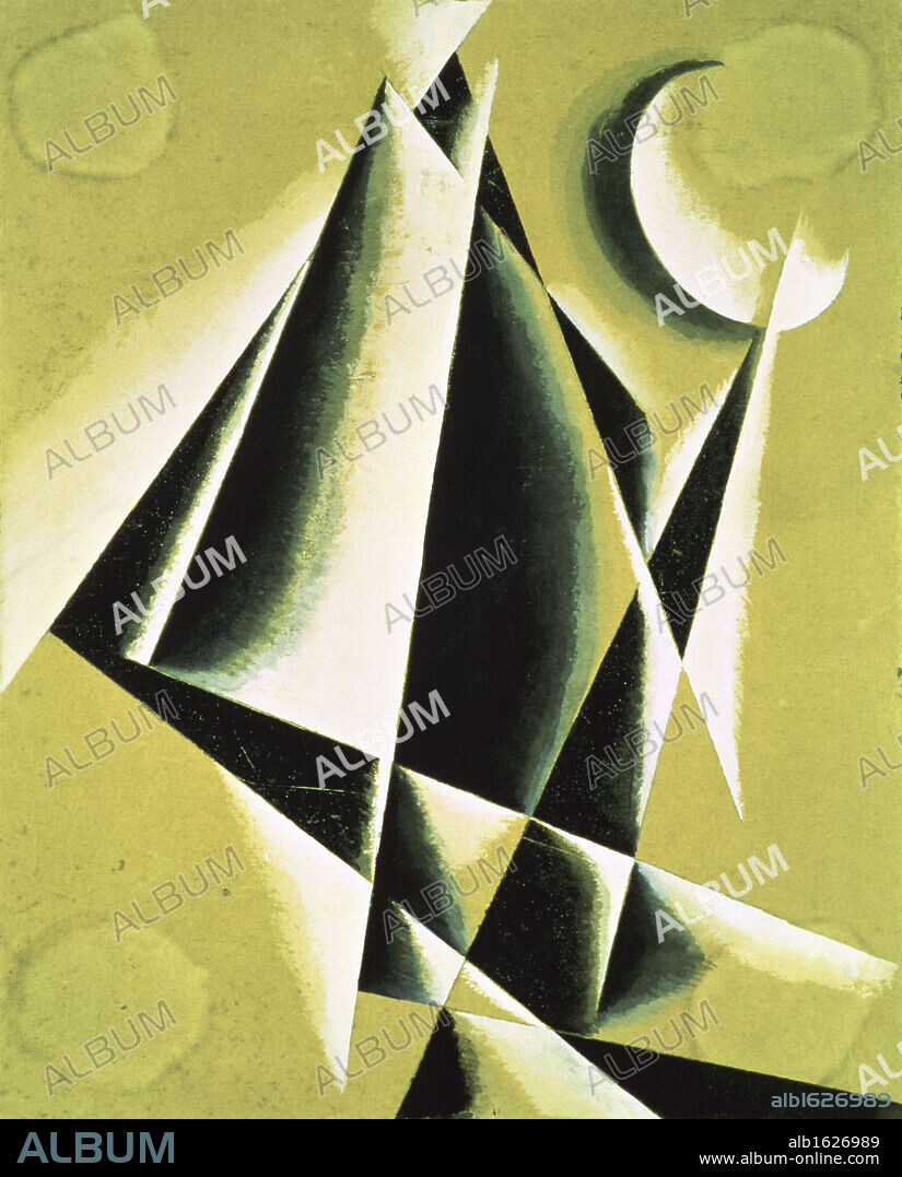 LJUBOV SERGEEVNA POPOVA. Construction with White Half Moon   1920-1921   Liubov Popova (1889-1924/ Russian)   Watercolor   Russian State Museum, St. Petersburg.