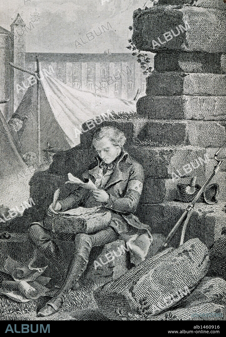 Francois-Rene de Chateaubriand (1768-1848). French writer and politician. Chateaubriand writing his Memoirs from Beyond the Grave, 1848-1850, during his trip to Thionville. Engraving.