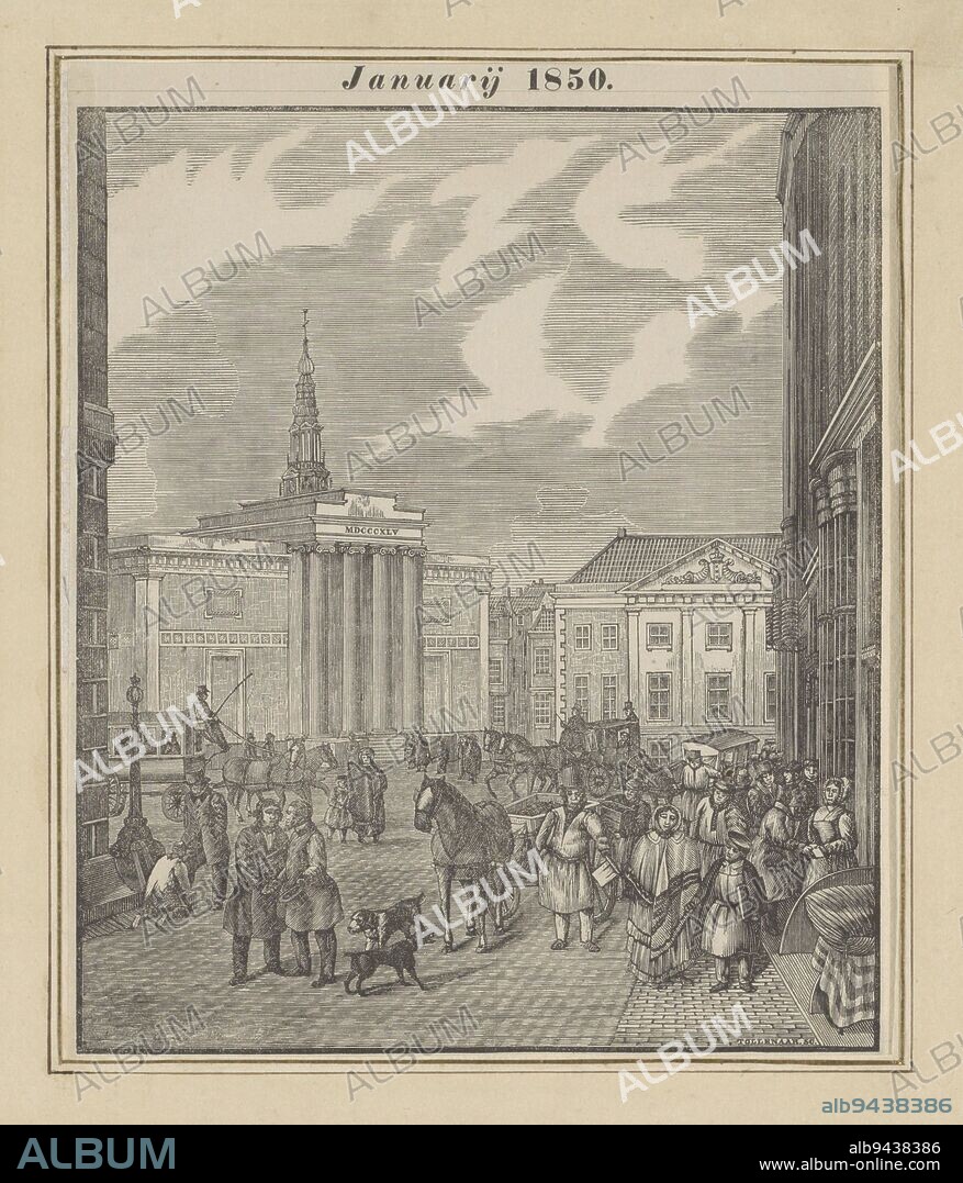 New Year's wish of the Amsterdam askarren men for the year 1850, Antonie Vink Tollenaar, after Jan David Huijer, 1850 - 1852, View of Dam Square in Amsterdam with Zocher's Stock Exchange and the Commandant's House. Among the crowd the garbage collectors with their cart., print maker: Antonie Vink Tollenaar, (mentioned on object), Jan David Huijer, Netherlands, 1850 - 1852, paper, letterpress printing, h 217 mm × w 177 mm.