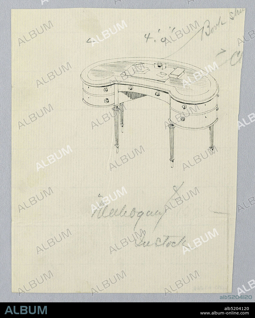 Design for Kidney-Shaped Writing Table with Five Drawers in Mahogany, A.N. Davenport Co., Pen and black ink, graphite on thin cream paper, 190005, furniture, Drawing, Drawing.
