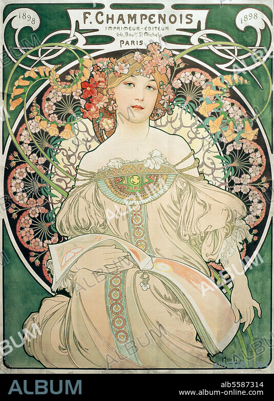Mucha, Alfons Maria (known as Alphonse Mucha), 1860 - 1939, Czech Art Nouveau painter. "F.Champenois / Imprimeur - Editeur (..)". Poster for the printer and publisher F.Champenois. Colour lithograph, 72.7 × 55.2 cm. Print: F.Champenois. Hamburg, Museum für Kunst und Gewerbe.