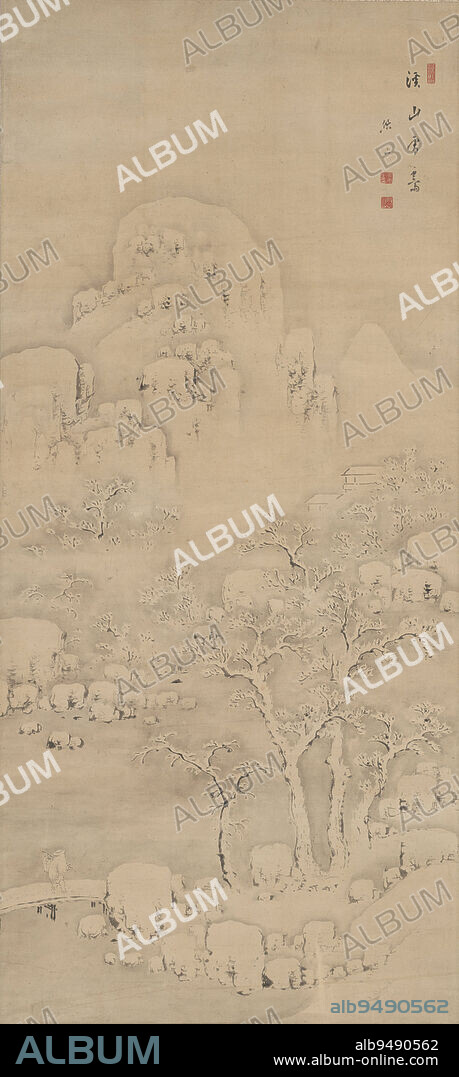 Landscape in the Snow, first half 19th century, Imaji Yzan, Japanese, 1790 - 1849, 49 7/8 × 22 1/4 in. (126.68 × 56.52 cm) (image)73 5/16 × 26 11/16 in. (186.21 × 67.79 cm) (mount, without roller), Ink on paper, Japan, 19th century.