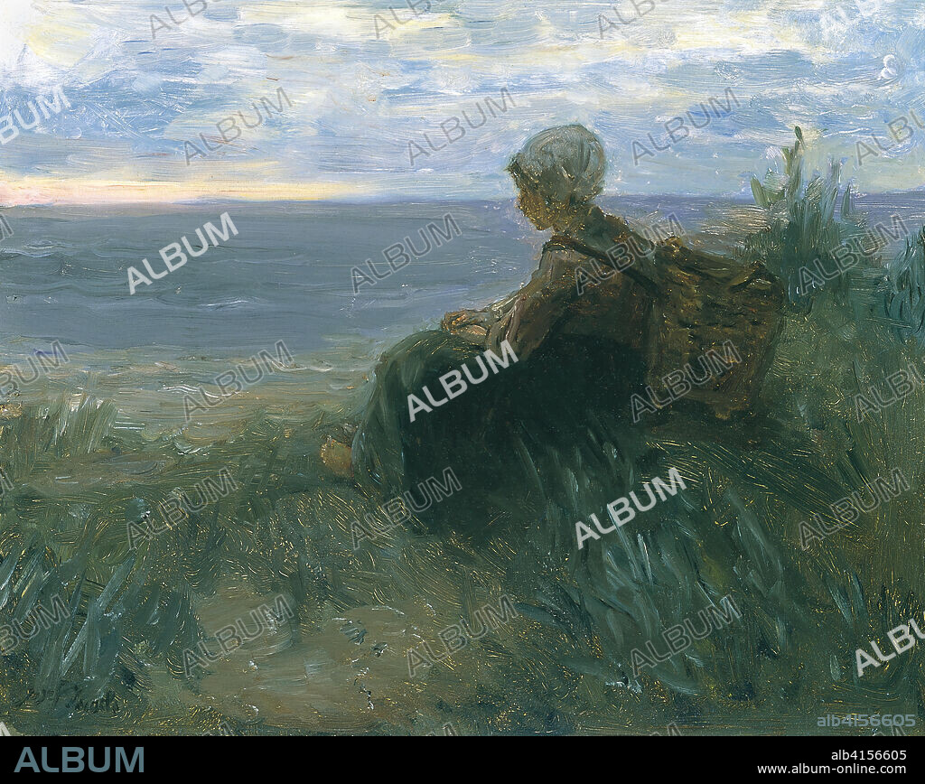 JOSEPH ISRAELS. Jozef Israëls (Groningen, 1824-Scheveningen, 1911). Mujer de un pescador oteando el horizonte sobre una duna (hacia 1900). Óleo sobre tabla. 39,5 x 50,5 cm.
