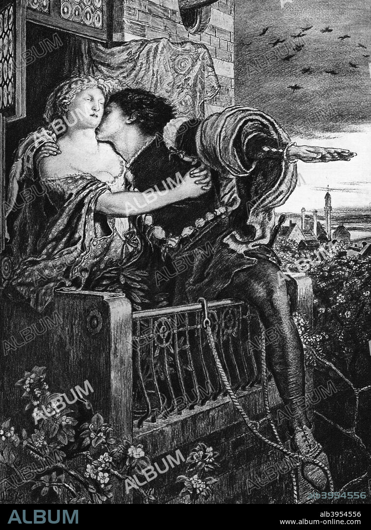 'Romeo and Juliet', late 19th century. The balcony scene from Shakespeare's play.