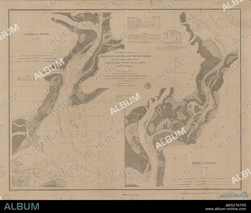 Preliminary chart of Calibogue Sound and Skull Creek , cartographic, Maps, 1879, Bache, A. D. (Alexander Dallas), 1806-1867, Boutelle, C. O. (Charles Otis), Bolles, C. P., Ord, Edward Otho Cresap, 1818-1883, Van Buren, D. T., Rockwell, Cleveland, 1837-1907, Maffitt, John Newland, 1819-1886, Patterson, C. P. (Carlile Pollock), 1816-1881, Hilgard, J. E. (Julius Erasmus), 1825-1891, Phillips, W., Petersen, A.