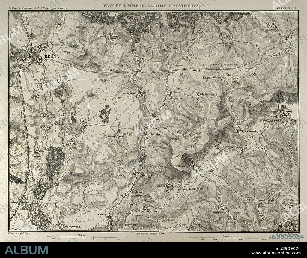 Napoleonic map. Battle of Austerlitz or Battle of the Three Emperors (2nd December 1805). Part of War of the Third Coalition (Napoleonic Wars). French Victory. Atlas de l'Histoire du Consulat et de l'Empire. History of the Consulate and the Empire of France under Napoleon by Marie Joseph Louis Adolphe Thiers (1797-1877). Drawings by Dufour, engravings by Dyonnet. Edited in Paris, 1864.