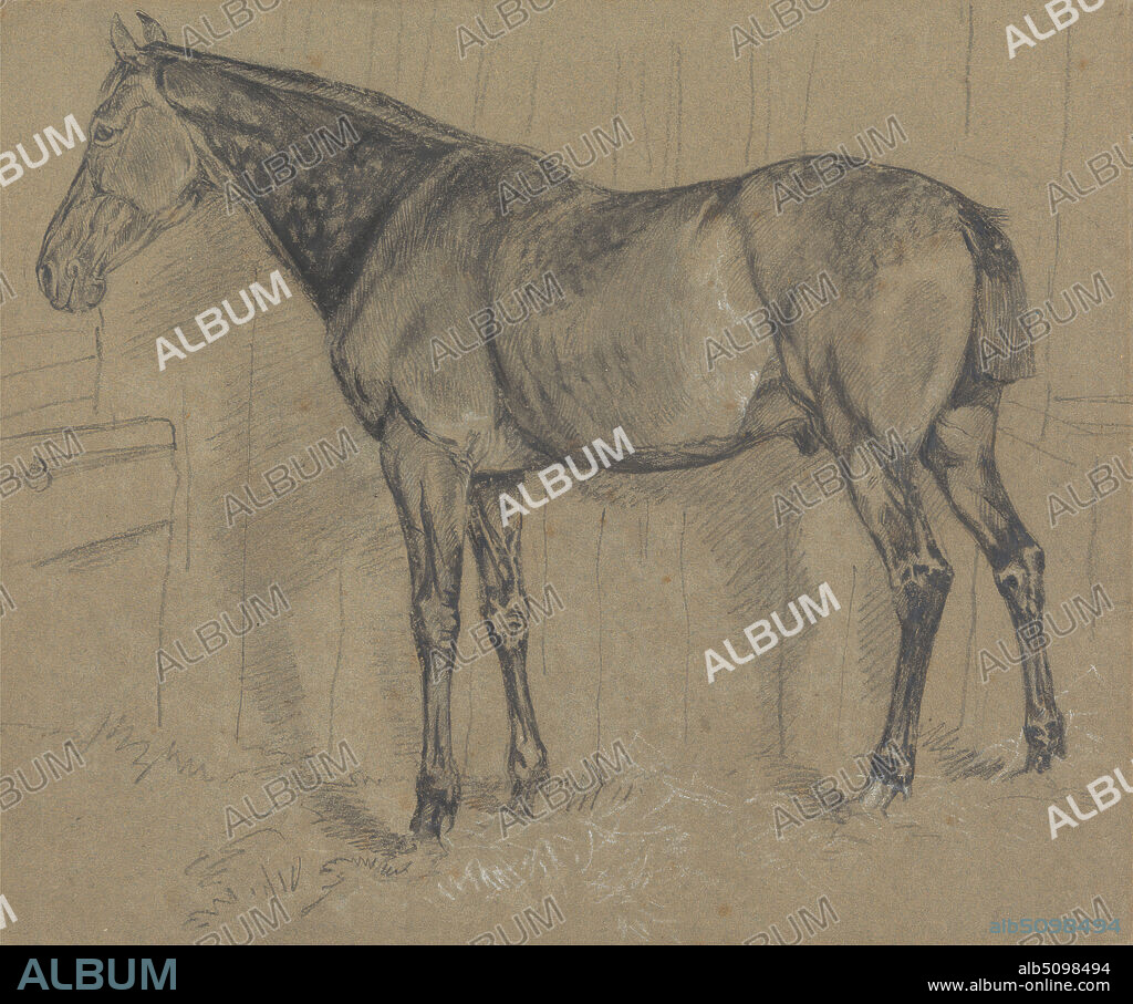 A Dappled Horse in a Stable, style of Sir Edwin Henry Landseer, 18021873, British, undated, Black and white chalk on moderately thick, slightly textured, gray, wove paper, mounted on, very thick, smooth, beige, wove, card paper, Mount: 15 × 18 1/4 inches (38.1 × 46.4 cm), Contemporary drawn border: 12 × 14 1/8 inches (30.5 × 35.9 cm), and Sheet: 10 7/8 × 13 inches (27.6 × 33 cm), animal art, horse (animal), stable.