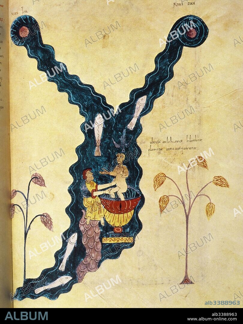 The Gerona Beatus. Illuminated manuscript depicting the Baptism of Christ in the Jordan river. Depicted in the upper part are the two sources of the Jordan. Miniature. Folio 189r. C. 975. Museum of Girona Cathedral. Catalonia. Spain.