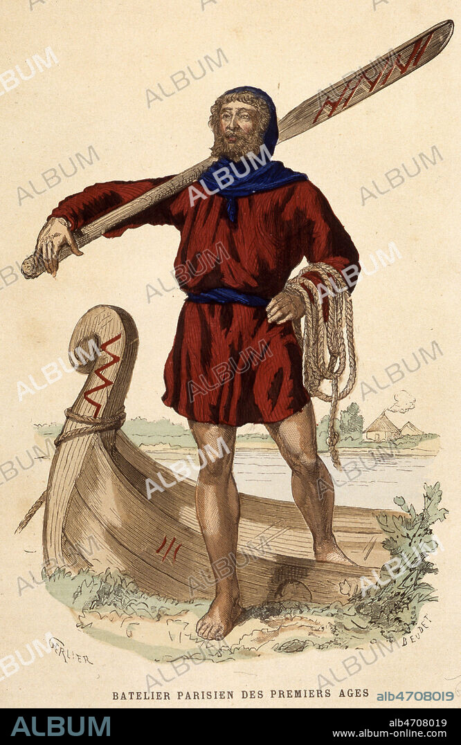 Batelier parisien des premiers jours (Moyen Age). Illustration de 1881 par J. GERLIER ( ne en 1926 ) pour Paris a travers les siecles par H. GOURDON de GENOUILLAC (19 s.). Credit : Coll. Jonas/KHARBINE-TAPABOR.