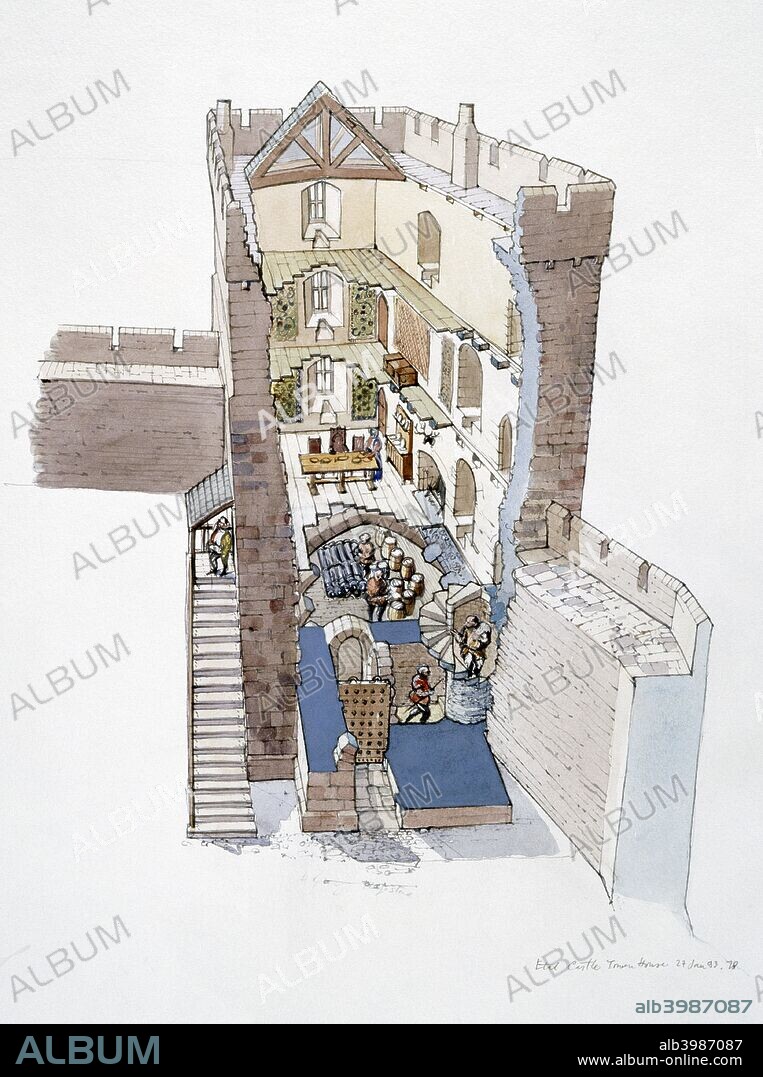 Etal Castle, c14th century, (c1990-2010). Cutaway of the Tower House. A reconstruction drawing of the Tower house. The castle was built around 1341 by Robert Manners in Etal, Northumberland, and comprised a residential tower, a gatehouse and a corner tower, protected by a curtain wall. The castle was involved both in local feuding and the border wars between England and Scotland.