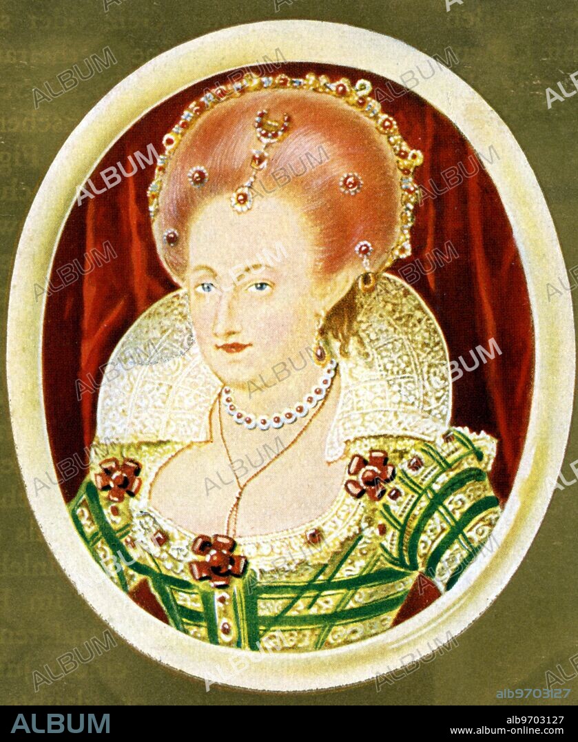 Anne of Denmark (12 December 1574 - 2 March 1619 or 26) - after a miniature by Isaak Oliver (?) - Queen consort of King James VI, Anne of Denmark (12 December 1574 - 2 March 1619) was queen consort of James VI of Scots, I of England. The second daughter of King Frederick II of Denmark, Anne married James in 1589 at the age of fourteen and bore him three children who survived infancy, including the future Charles I of England.
