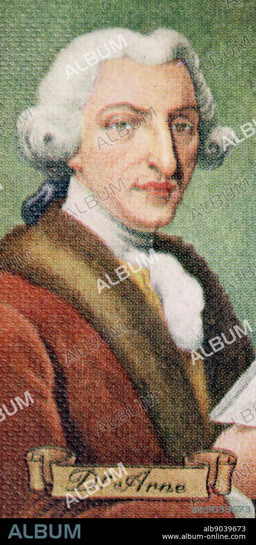 Thomas Augustine Arne (1710 - 1778); English composer. He is best known for his patriotic song Rule Britannia, a version of God Save the King, which became the British national anthem,.