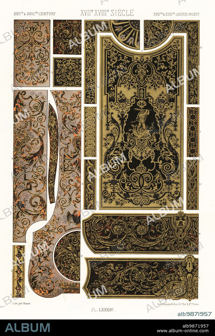 Inlaid work, Boulle, 17th and 18th centuries. Upright clock in copper with tortoiseshell ornaments 1-5, cabinets in marquetry 6-10, Louis XIV piece of furniture in ebony with copper ornaments showing Hercules and the Hydra 10-14, ornamentation in marquetry 15-17. XVIIme XVIIIme Siecle. Hand-finished chromolithograph by Bauer from Albert-Charles-Auguste Racinets LOrnement Polychrome, (Polychromatic Ornament), Firmin-Didot, Paris, 1869-73.