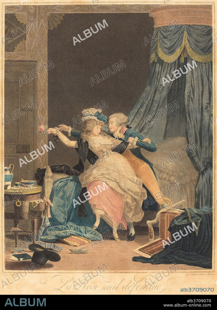 PHILIBERT-LOUIS DEBUCOURT. La Rose mal defendue. Dated: 1791. Medium: etching and engraving printed in color from one plate inked "a la poupee".