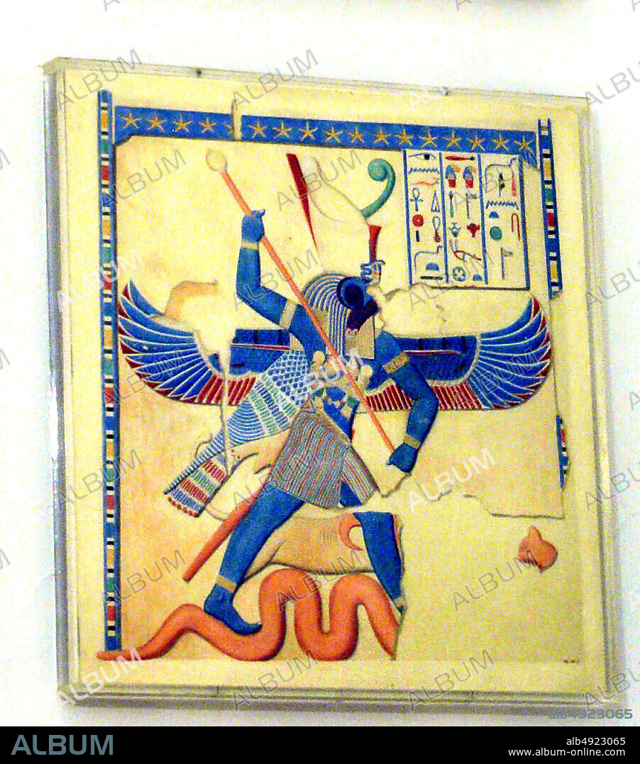 Charles K. Wilkinson, Seth Slaying a Serpent, Temple of Amun at Hibis, Late Period, Charles K. Wilkinson, Dynasty 27, reign of Darius I, 521486 B.C., Original from Egypt, Western Desert; Kharga Oasis, Hibis, Tempera on paper, facsimile: h. 45 cm (17 11/16 in); w. 36 cm (14 3 16 in); scale 1:5; framed: h. 41.3 cm (16 1/4 in); w. 40 cm (15 3/4 in).