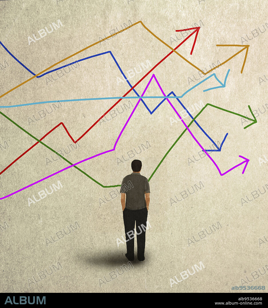 Man looking at confusing arrow line graphs.